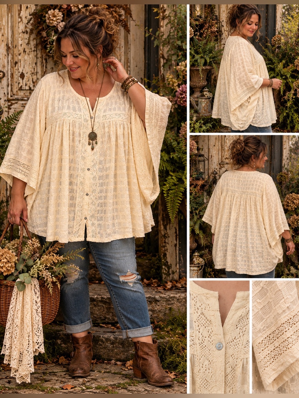 Lane Bryant NWT 26/28 Cream Lace Textured Boho Peasant Tunic Top